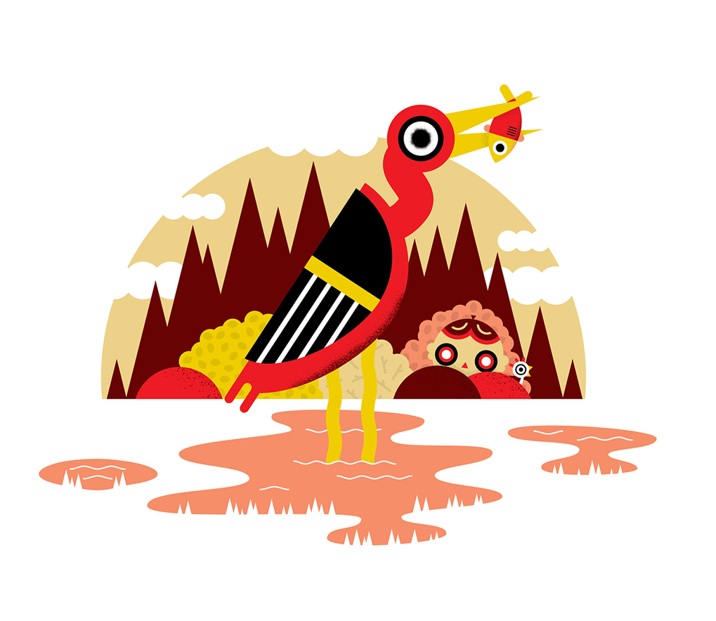 A boy and a chicken watch a crane eat a fish from a distance